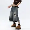 Jeans Cortos Desgastados Estilo Retro Americano para Mujer, Shorts de Pierna Ancha Rectos de Cintura Alta Adelgazantes de Longitud Media para Verano