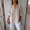 Top de Algodón y Lino de Manga Media Estilo Europeo de Moda de Hong Kong, Nuevo Top de Manga Corta Primavera/Verano con Diseño de Cuello en V, Tallas Grandes para Mujer