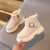 Botas cortas británicas de moda con forro polar de invierno para niños, botas de moda para niños, botas de algodón cálidas con suela suave y hebilla para niñas