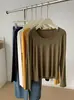 Camiseta Adelgazante de Manga Larga de Tencel y Lino con Cuello en U para Mujer, ¡Camiseta Fina de Principios de Otoño! Camiseta Básica de Color Sólido