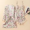 Pijamas das mulheres primavera e verão de seda gelo fina camisola de mangas compridas sexy com almofada no peito impresso shorts suspensórios de três peças para casa
