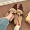 2026 Nueva Moda Vintage Otoño-Invierno Zapatos de Piel Puntiagudos Forrados de Felpa Acogedores para Mujer, Planos Estilo Coreano sin Cordones de Tacón Bajo