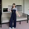 Conjunto de Dos Piezas Moda para Viajar Verano 2026 Tallas Grandes Color Bloque Parcheado Cintura Ajustada Top y Pantalones de Pierna Ancha