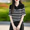 2025 Verano Nuevo Tencel Lyocell POLO Cuello Camiseta de Punto Manga Corta Camiseta para Mujer Rayada Combinación de Colores Camiseta Básica