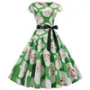 L9155 Transfronteiriço Natal Estilo Hepburn Vintage Vestido Feminino de Gola Redonda Manga Bolsa Estampado Grande Godê com Fita Preta