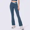 Calças de yoga com cintura cruzada e microflare para mulheres baixinhas, calças boca de sino fitness de cintura alta que levantam o bumbum, calças esportivas de nove pontos com stretch