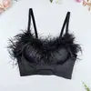 Top Tubo com Espinha de Peixe e Pena de Avestruz, Não Precisa de Sutiã, Top de Pena Hot Girl para Balada, Costas Bonitas, Camisola Sexy com Decote V Profundo para Mulheres
