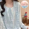 Directo de Fábrica Azul con Copas Acolchadas Cuello Cuadrado Pijama para Mujer Manga Larga Otoño Algodón Nube Conjunto Princesa Hogar