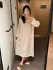 Primavera, verão, outono, doce e elegante, vestido de casa de algodão Tencel com caimento para todas as estações para mulheres, camisola doce de renda de manga comprida de comprimento médio com elástico de cabelo