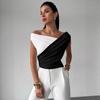 Top Versátil Elegante para el Trabajo para Mujer, Estilo Nuevo Verano 2026, Bloques de Color, de un Hombro, Bordes Fruncidos, Corte Ajustado, Transfronterizo Europeo y Americano