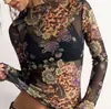 Camiseta europea y americana transfronteriza de Amazon 2026 nuevo estampado floral vintage top de malla de manga larga ajustado para mujer