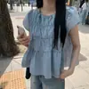 Ins Coreano Estilo Coreano Temperamento Suave Dulce Cuello Redondo Plisado Puños Anchos Versátil Top Blusa Nuevo Estilo 2026
