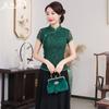 Top Aodai Modificado de Manga Corta Cheongsam Rojo Encaje Traje Tang Verano Mujer Talla Grande Conjunto de Vestido para Madre