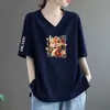 Top Casual Holgado de Manga Corta con Cuello en V para Mujer de Tallas Grandes, Efecto Adelgazante, Diseño Estampado, Estilo de Nicho, Comercio Exterior Transfronterizo