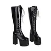 Nuevas botas de cuero de punta cuadrada para mujer estilo europeo y americano con cordones al frente botas de moda tacón de plataforma zapatos de escenario para mujer 40-46 zapatos de comercio exterior