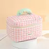 Bolsa de maquiagem xadrez fofa estilo coreano, grande capacidade, necessaire de viagem portátil, atacado