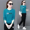 Conjunto de Sudadera con Cuello Redondo y Manga Larga, Estampado de Letras, Bloques de Color y Patchwork de Moda para Mujer, Primavera y Otoño, Tallas Grandes, Conjunto Casual Elegante de Dos Piezas