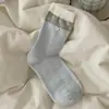 Calcetines Frescos y Sencillos de Estrellas para Mujer, Calcetines de Algodón Florales para Primavera y Verano, Calcetines Transpirables de Media Pantorrilla para Mujer con Borde de Encaje y Rayas