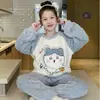 Pijama Infantil Meninas Flanela Outono e Inverno Fleece Coral Espessado Quente Crianças Médias e Grandes Roupas de Casa Traje com Capuz Cartoon