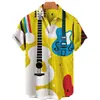 Camisa Havaiana Masculina de Manga Curta Estampada com Guitarra Musical 3D, Venda Quente de Verão, Europeia e Americana, Amostra Personalizada