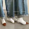 Botas Finas de Couro Genuíno Colorblock Femininas Botas Curtas Outono e Inverno Novo Bico Quadrado Zíper Lateral Estilo Coreano Couro Total Salto Bloco Botas Curtas Femininas
