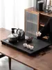 Bandeja de té de piedra negra imitación, juego de té integrado totalmente automático, uso doméstico, adecuado para té kung fu, compatible con placas de inducción, mesa de té grande para sala de estar, material natural