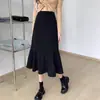 Saia Midi Preta Cauda de Peixe para Mulheres Primavera e Outono Nova Tamanho Grande Figura em Pera Cintura Alta Slim Suit Saia Evasê