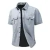 Camisa Masculina de Verão Cor Sólida Solta com Múltiplos Bolsos de Manga Curta