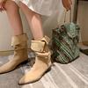 Yingmei jue Jizi ~ Botas vaqueras estilo coreano de punta con hebilla oculta y tacón grueso 2023 otoño botas de piel de vaca hasta la rodilla o media pantorrilla