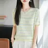 Verão Gola Redonda Seda Gelada Blocos de Cor Listrado Manga Curta Feminino Fluido Respirável Slim-Fit Estilo Suave Versátil Malha Top