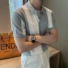 Polo de punto de manga corta para hombre, estilo coreano, ajustado, de color liso, de seda helada, informal, de media manga, para verano