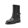Estación Europea Comercio Exterior Piel Genuina Otoño Invierno Talla Grande Botas de Caballero Botas Largas Retro Tacón Grueso Botas Altas No por Encima de la Rodilla Suela Plana Botas de Caña Recta