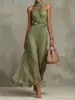 Vestido longo plissado com estampa floral, gola halter, amarração na cintura, barra larga, moda feminina transfronteiriça europeia e americana, verão 2026, elegante