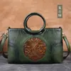 Bolsa Feminina Guofeng PU Artística Bolsa de Mão em Couro Genuíno Embossado Grande Capacidade Bolsa Colorida para Mamãe Bolsa de Ombro Transversal para Mulheres