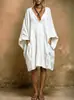 Vestido liso retrô boêmio europeu e americano para mulheres, corte solto, decote V profundo, mangas morcego, com bolsos, vestido de comprimento médio para férias