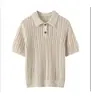 Camiseta de tricô curta de verão com gola polo, estilo coreano, acadêmica, vazada, feita de linho de liocel com fio texturizado de três fios