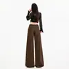 Calça jeans transfronteiriça feminina perna larga estilo retrô americano pernas de calça de camada dupla caimento cor marrom café calça comprida cor marrom café estendida Yi Chun