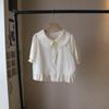 [Bizheng] Ropa de Verano Nueva 2025 Estilo Coreano Pequeña Fresca Cuello Muñeca Recorte Jacquard Camisa de Manga Corta para Mujer 3967