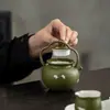 Tetera de grulla pintada a mano con esmalte azul y asa, tetera de cerámica para el hogar, anti-quemaduras, cafetera personal con filtro de bola, tetera individual