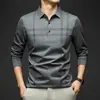 Camisa Polo Masculina de Manga Longa 2026 Novo Estilo para Homens de Meia-Idade, Camisa Polo Masculina Listrada Casual Solta com Gola Reversível