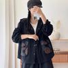 Primavera y Otoño Nuevo Vintage Sencillo Chaqueta de Mezclilla con Capucha para Mujer Holgada Combinable Bolsillo Grande Estampado Top de Moda