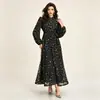 Vestido Largo Elegante para Mujer con Bordado de Lentejuelas Pesadas Estilo Retro, Manga Larga, Cuello Alto, Cordones para Ceñir la Cintura, Dobladillo Ancho, En Stock