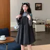 Conjunto Maternidade Outono Inverno Vestido Tricô Cinza Escuro com Gola Alta Camada Interna Mamãe Coreano Retrô Cobertura da Barriga Roupa Externa