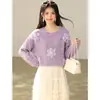 Sí Suéter corto de cuello redondo para mujer, nuevo estilo otoño e invierno, con flores tridimensionales, en un estilo casual