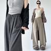 Calça Wide Leg Cinza Escuro para Mulheres, Outono e Inverno Cintura Alta Drapeada Calça Mochi, Petite Preguiçosa Casual Esportiva Calça Reta A5669