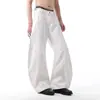 Jeans Branco Retro Americano com Barra Curva para Homens, Primavera e Outono de 2026, Calças Largas Baggy com Cintura Ajustável