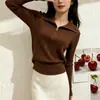Suéter tipo polo con media cremallera, top de punto para mujer, nuevo estilo primavera/otoño, con capa interior engrosada, adecuado para usar en capas en otoño e invierno, negro