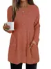 Novedades Otoño e Invierno 2026 Transfronterizas Europeas y Americanas Suéter de Punto de Longitud Media con Cuello Redondo, Textura de Canalé, Color Sólido y Bolsillos para Mujer