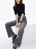 Calça jeans flare retro desgastada Yizhi para mulheres, outono, cintura alta, modelagem slim, algodão, amigável à pele, justa, com caimento, moderna, calça comprida