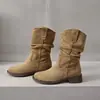 Botas Elegantes Fruncidas Apiladas 2026 Otoño/Invierno Nuevas Llegadas Meilade Botines Vaqueros Occidentales para Mujer Tacón Grueso Punta Redonda Botines Cortos